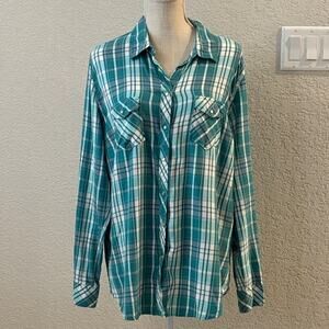 Bit & Bridle Teal White Plaid Pearl Snap Long Sleeve Shirt Sz XL Rodeo Western